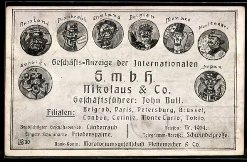 AK Soldaten von Russland, Frankreich, England u. a. werden des Länderraubs bezichtigt, Propaganda 1. Weltkrieg