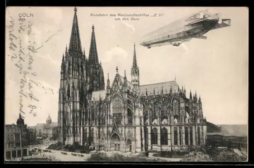 AK Köln, Rundfahrt des Zeppelin Z II um den Kölner Dom