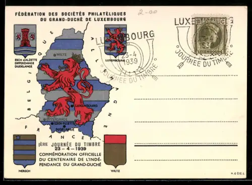AK Luxembourg, Tag der Briefmarke 1939, Landkarte und Wappen des Grossherzogtums