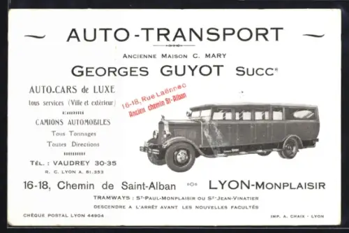 AK Lyon, Monplaisir, Auto-Transport George Guyot Succr, 16-18, Chemin de Saint-Alban