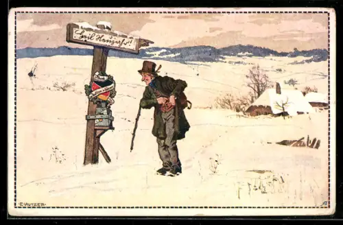 Künstler-AK Ernst Kutzer: Heil Neujahr!, Vagabund an Wegweiser