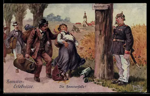 Künstler-AK Arthur Thiele: Hamster-Erlebnisse, Frau mit Hamstergut fällt vor einem Polizisten in Ohnmacht