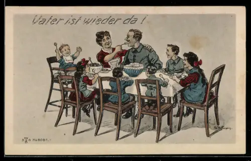 Künstler-AK Ad. Hoffmann: Familie sitzt mit aus dem Krieg heimgekehrten Vater am Tisch