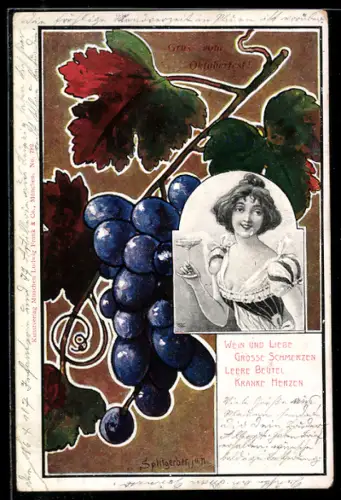 Künstler-AK Splitgerber: Hübsche Frau mit Champagnerglas neben Weintrauben