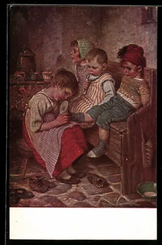 Künstler-AK Hermann Kaulbach: Mädchen zieht traurigen Kind die Schuhe aus