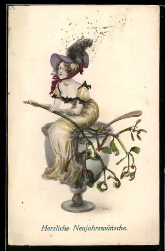 Künstler-AK Ezel: Hübsche Frau in elegantem Kleid sitzt auf einem Kelch