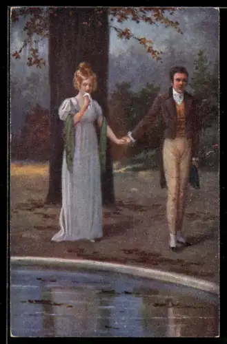 Künstler-AK R. Kratky: Elegantes Paar steht am Wasser, Abschied