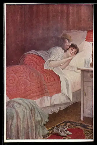 Künstler-AK C. Benesch: Hübsche Frau liegt mit geisterhafter Erscheinung eines Mannes im Bett, Süsses Träumen