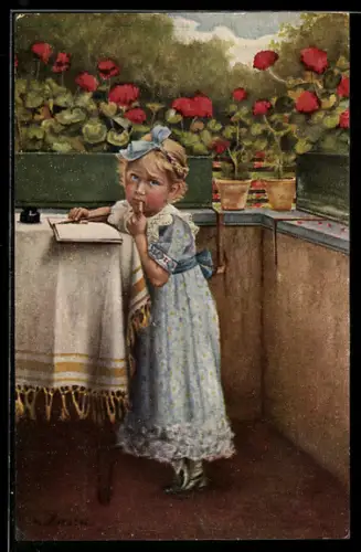 Künstler-AK Arno von Riesen: Mädchen schreibt in ein Buch und ist von roten Blumen umgeben, Weltschmerz