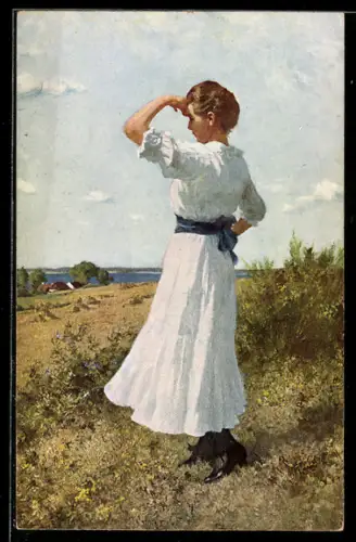 Künstler-AK H. Seeger: Frau sieht in die Ferne, Er kommt