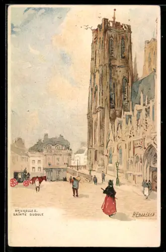 Künstler-Lithographie Henri Cassiers: Bruxelles / Brüssel, Saint Gudule, Motiv der Kathedrale