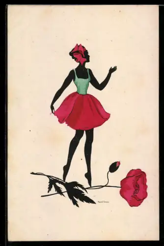 Künstler-AK Manni Grosze: Hübsche Frau im Kleid balanciert auf einer Mohnblume