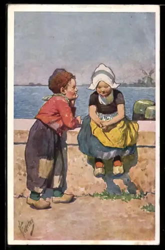 Künstler-AK Karl Feiertag: Zwei kleine Holländer an eine Ufermauer