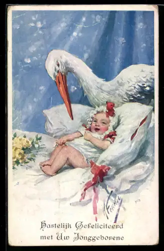 Künstler-AK Karl Feiertag: Kleinkind liegt auf Kissen und wird von einem Stroch beobachtet