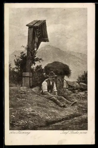 Künstler-AK Josef Straka: Mann sitzt vor einem Marterl