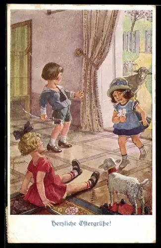 Künstler-AK H. Schubert: Kleinkinder mit Schafen