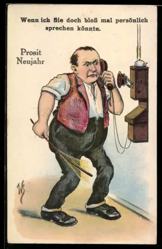 Künstler-AK Willi Scheuermann: Mann steht mit Rute verärgert am Telefon