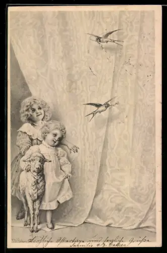 Künstler-AK Wichera: Kinder mit einem Schaf und Schwalben