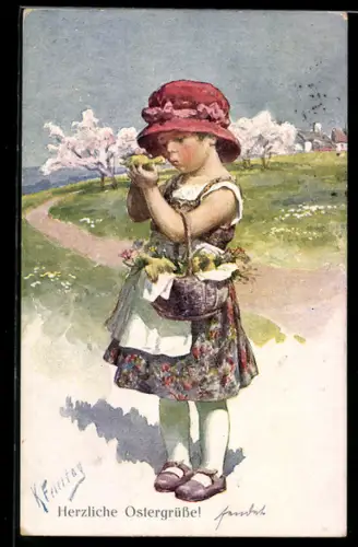 Künstler-AK Karl Feiertag: Ostern, Mädchen mit Küken im Korb auf dem Spazierweg
