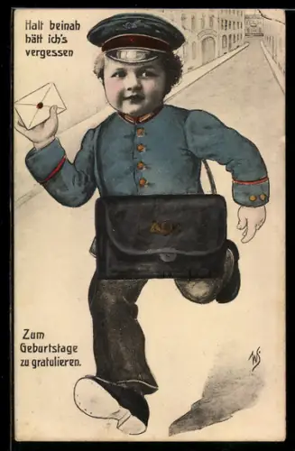 Künstler-AK Willi Scheuermann: Kind in Postbotenuniform