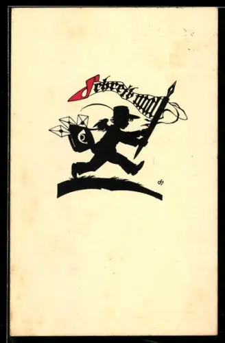 Künstler-AK Oskar Petersen: Engel mit Posttasche und grossem Federhalter