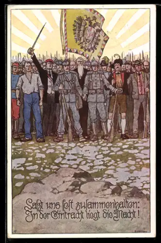 Künstler-AK Ernst Kutzer: Lasst uns fest zusammenhalten: In der Eintracht liegt die Macht!