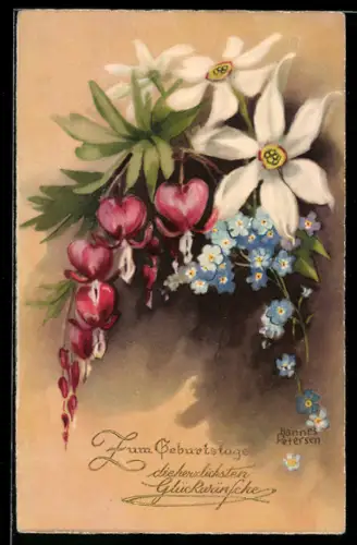 Künstler-AK Hannes Petersen: Stillleben mit Vergissmeinnicht und Margheriten