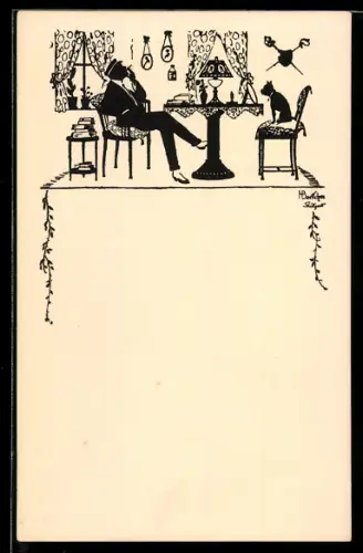 Künstler-AK Hans Boettcher: Mann sitzt rauchend einem Hund gegenüber, an der Wand gekreuzte Degen