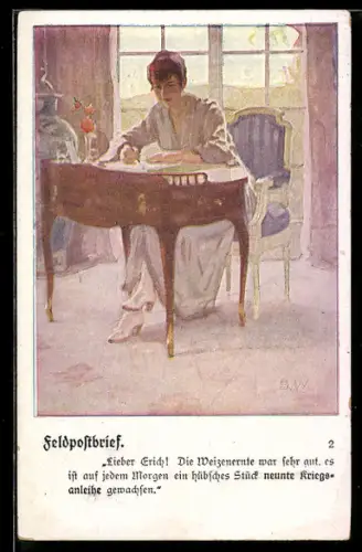 Künstler-AK Brynolf Wennerberg: junge Dame schreibt einen Feldpostbrief, Werbung für Kriegsanleihe