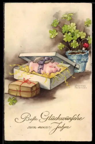 Künstler-AK Hannes Petersen: Geschenkkarton mit einem Glücksschwein neben einem Topf voller Klee