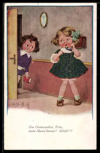 Künstler-AK H.S.B.: Um Gotteswillen, Fritz, mein Mann kommt..., Mädchen am Telefon