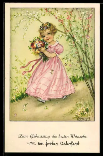 Künstler-AK Hannes Petersen: Mädchen im rosafarbenen Kleid mit einem Blumenstrauss