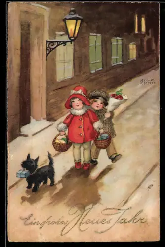 AK Kinder mit Hund tragen Geschenke, Neujahr