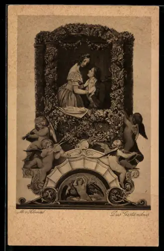 Künstler-AK Moritz von Schwind: Elegantes Paarportrait mit musizierenden Engeln, das Geständnis