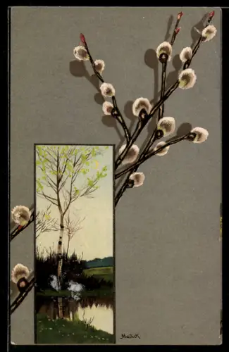 Künstler-AK Alfred Mailick: Birke am Fluss, Weidenkätzchenzweig