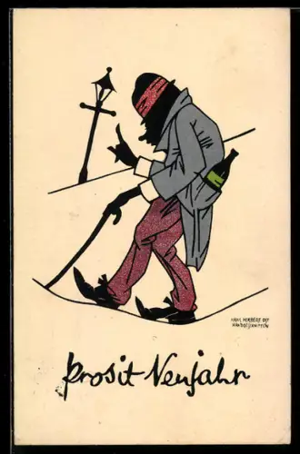 Künstler-AK Hans Herbert Ost: Mann mit Gehstock und einer Flasche Wein in der Tasche