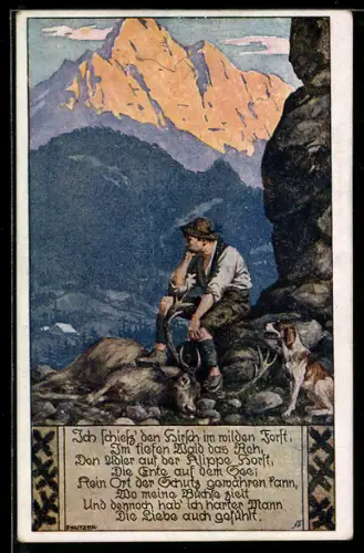 Künstler-AK Ernst Kutzer: Jäger sitzt mit seinem Jagdhund neben dem erlegten Hirsch