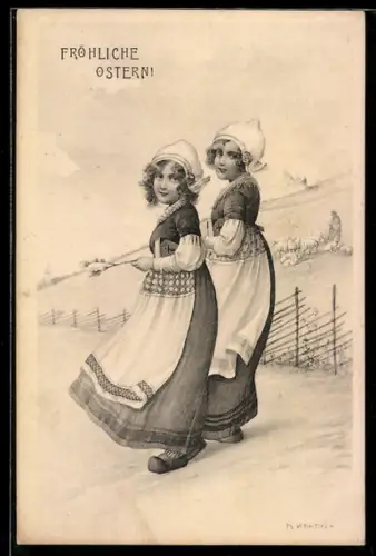 Künstler-AK R. Kratky: Fröhliche Ostern!, Mädchen in Tracht