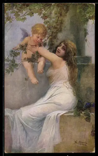 Künstler-AK Fr. Klimes: Hübsche Frau in leichtem Kleid mit einem Engel