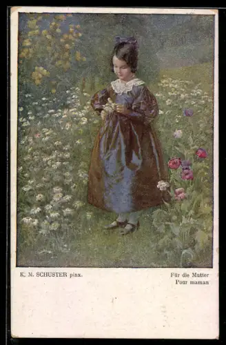 Künstler-AK Karl Maria Schuster: Für die Mutter, Mädchen beim Blumenpflücken