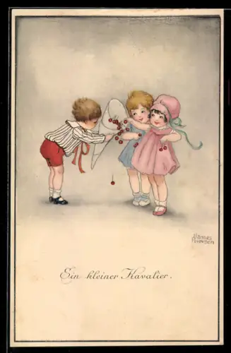 Künstler-AK Hannes Petersen: Ein kleiner Kavalier, Kleiner Junge teilt seine Kirschen