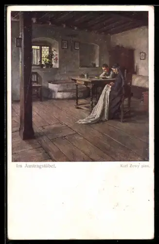 Künstler-AK Carl Zewy: Mann und Frau sitzen an einem Tisch, im Austragstübel