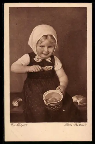 Künstler-AK Claus Bergen: Junges Mädchen isst eine Suppe, Beim Frühstück