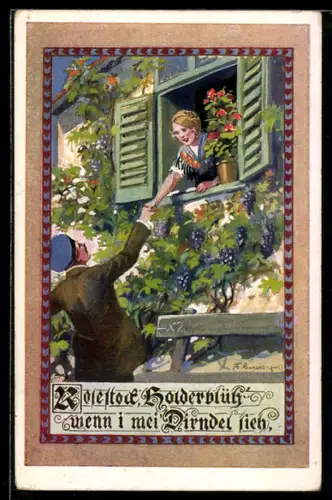 Künstler-AK F. Gareis: Bund der Deutschen in Niederösterreich Nr. 167, Rosestock, Holderblüh` wenn i mei` Dirndl sieh