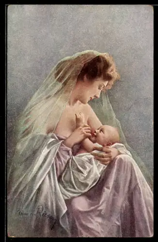 Künstler-AK Arno von Riesen: Der Mutterliebe zarte Sorgen, Mutter hält ihr Baby im Arm