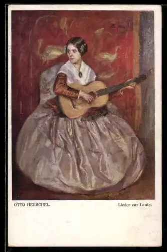 Künstler-AK Otto Herschel: Elegante Dame mit einer Gitarre, Lieder zur Laute
