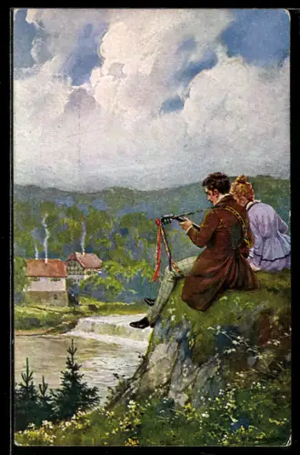 Künstler-AK R. Borrmeister: Elegantes Paar blickt auf die Weser