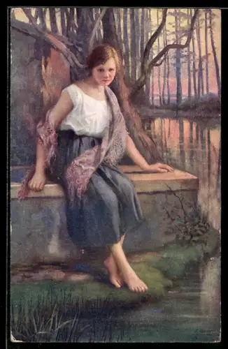 Künstler-AK Fr. Klimes: Hübsche Frau sitzt barfuss am Fluss, Verwaist