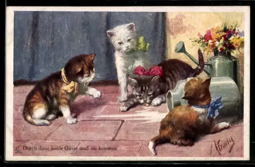 Künstler-AK Karl Feiertag: Katzen schlecken Milch