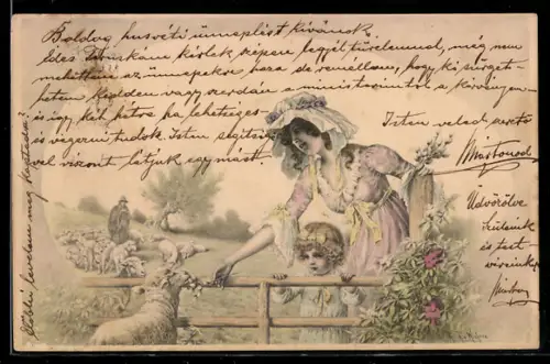 Künstler-AK Wichera: Mutter und Kind füttern ein Lamm, Ostergruss